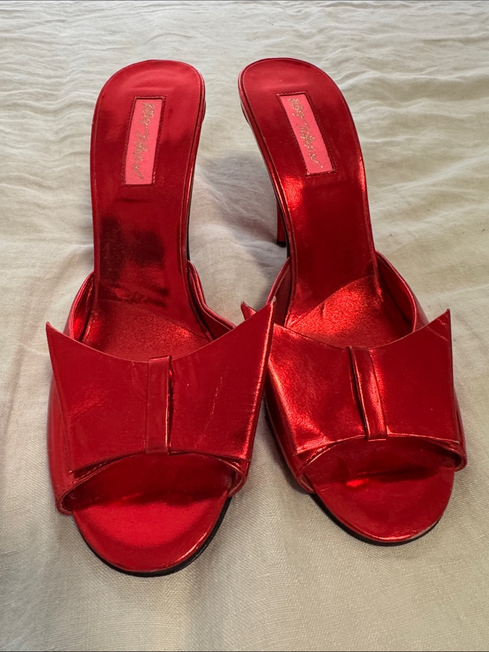 Betsey Johnson Red Metallic Open-Toe Slide Heels with Bow Accent